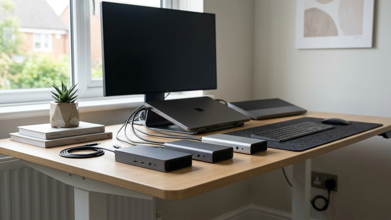 Photorealistic image of thunderbolt docks for laptops for a UK shortlist buying guide.