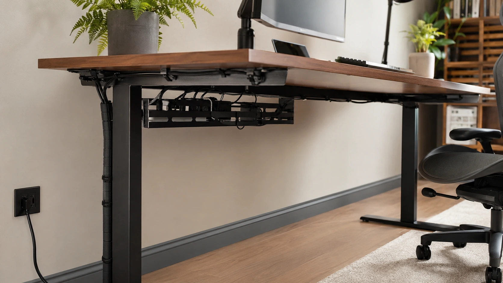 Photorealistic shortlist image for Best Under-Desk Cable Management in the UK (2026), showing a clean desk productivity buying-guide scene.