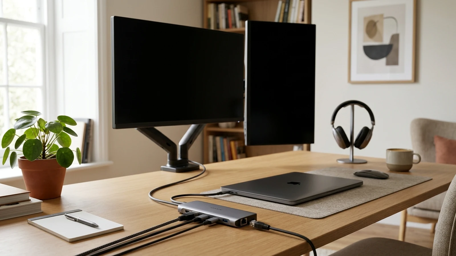 Photorealistic image of usb-c hubs for home offices for a UK shortlist buying guide.