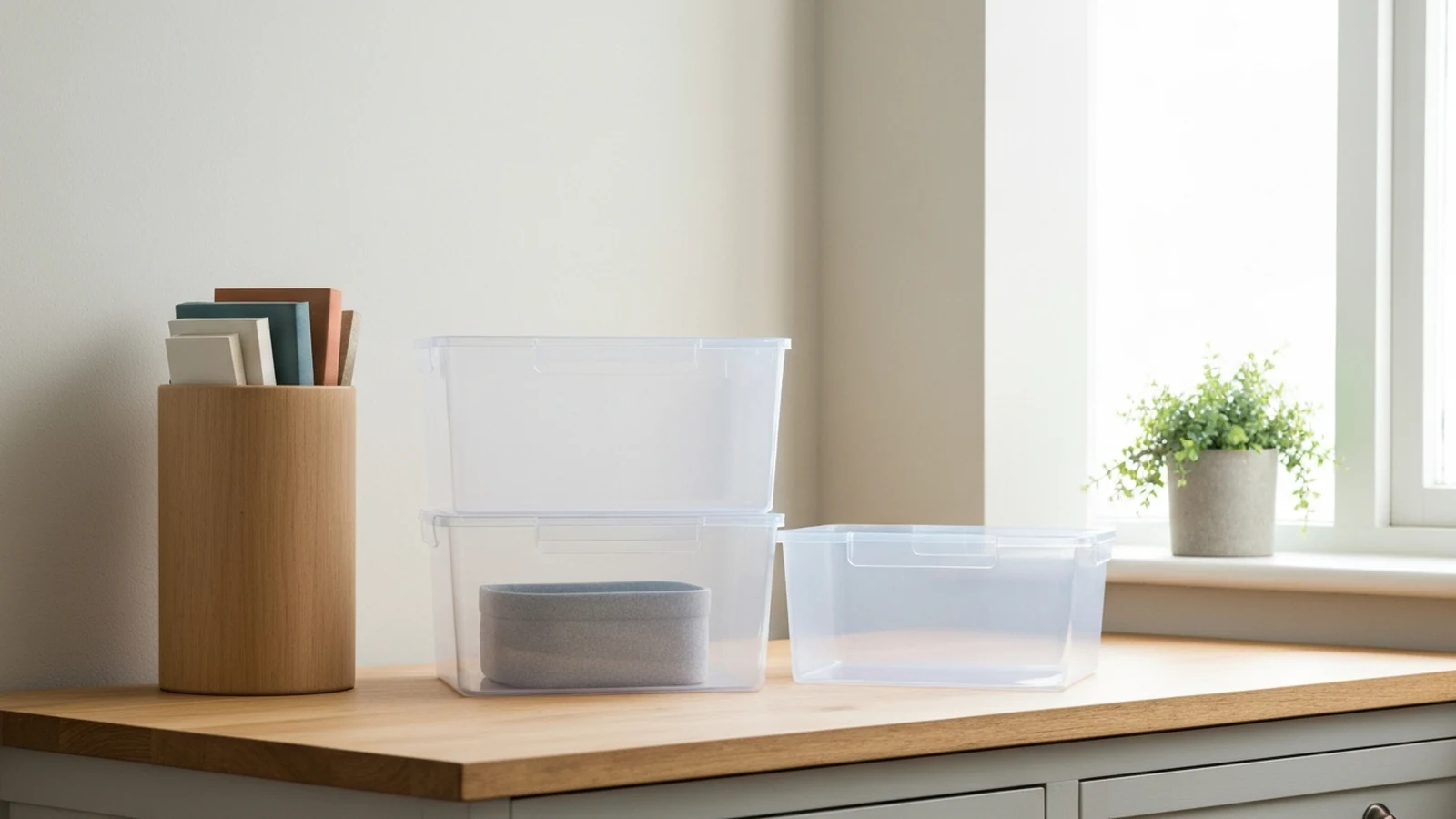 Photorealistic shortlist image for Best Clear Storage Boxes in the UK (2026), showing a clean diy-tools-home-maintenance buying-guide scene.