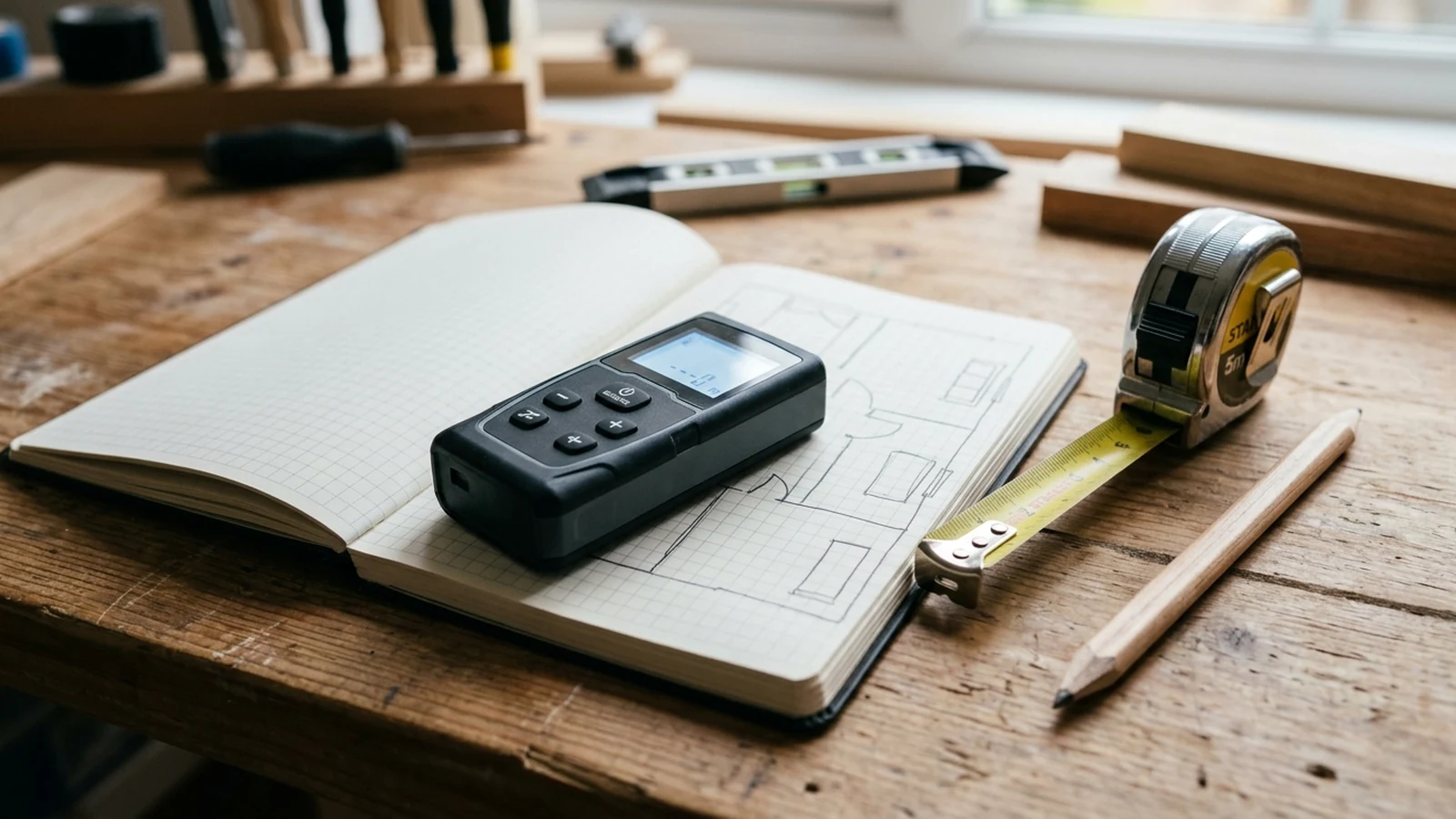 Photorealistic shortlist image for Best Laser Measures for Room Planning in the UK (2026), showing a clean diy-tools-home-maintenance buying-guide scene.