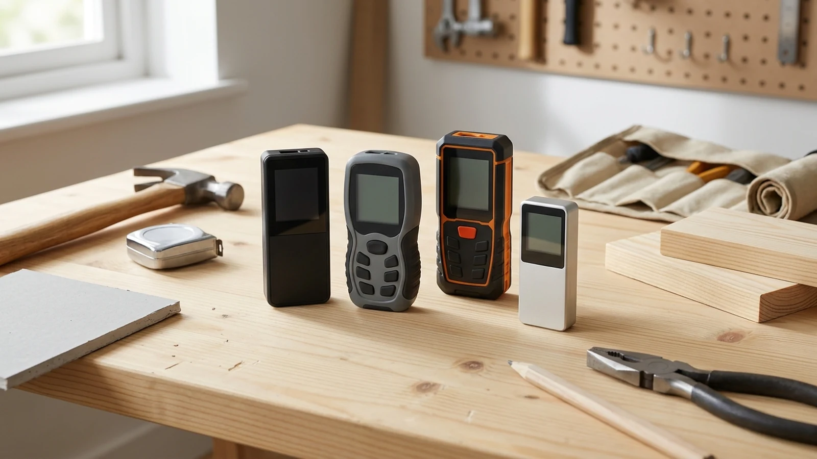 Photorealistic shortlist image for Best Laser Measures in the UK (2026), showing a clean diy-tools-home-maintenance buying-guide scene.