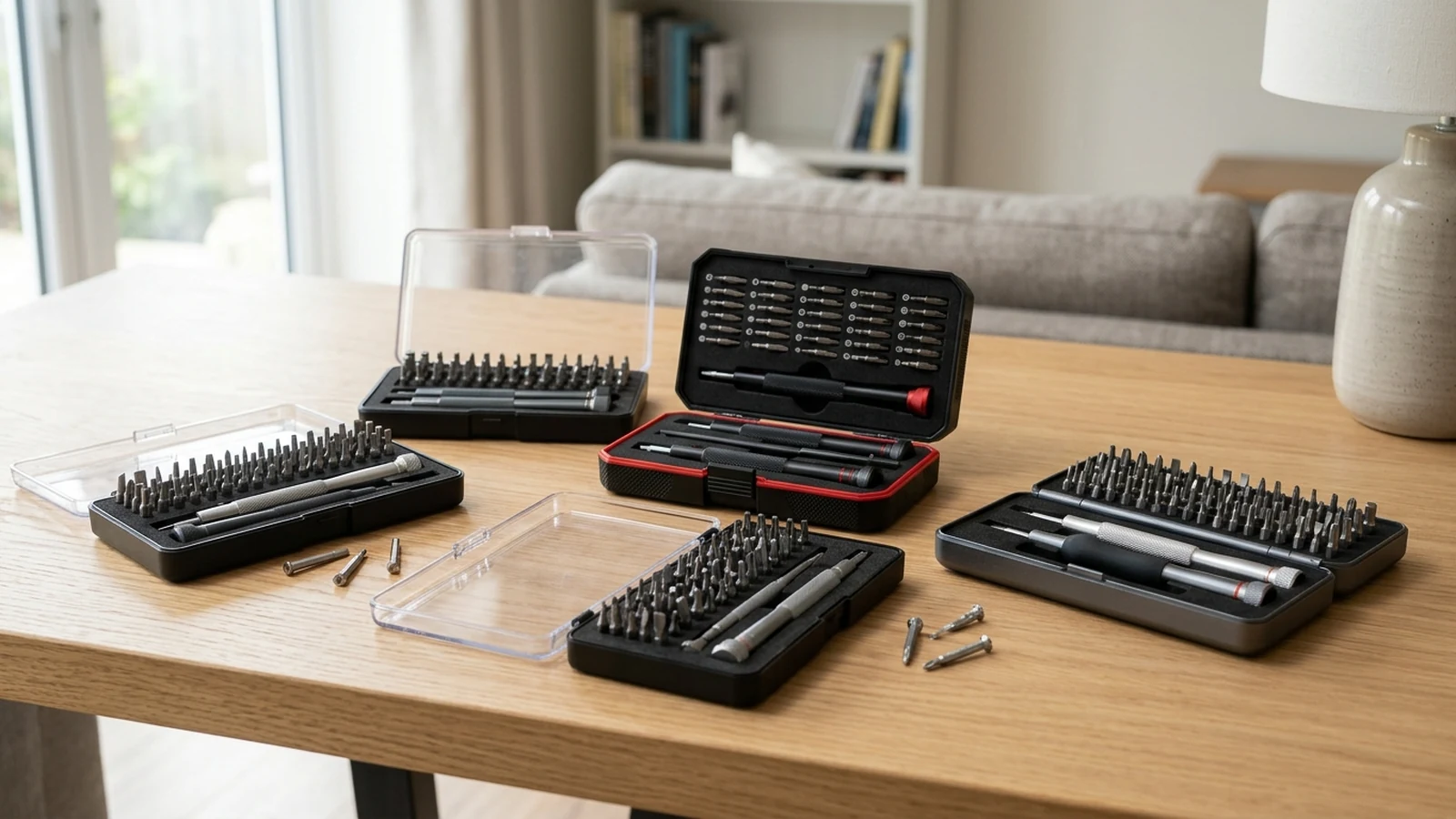 Photorealistic image of precision screwdriver sets for a UK shortlist buying guide.