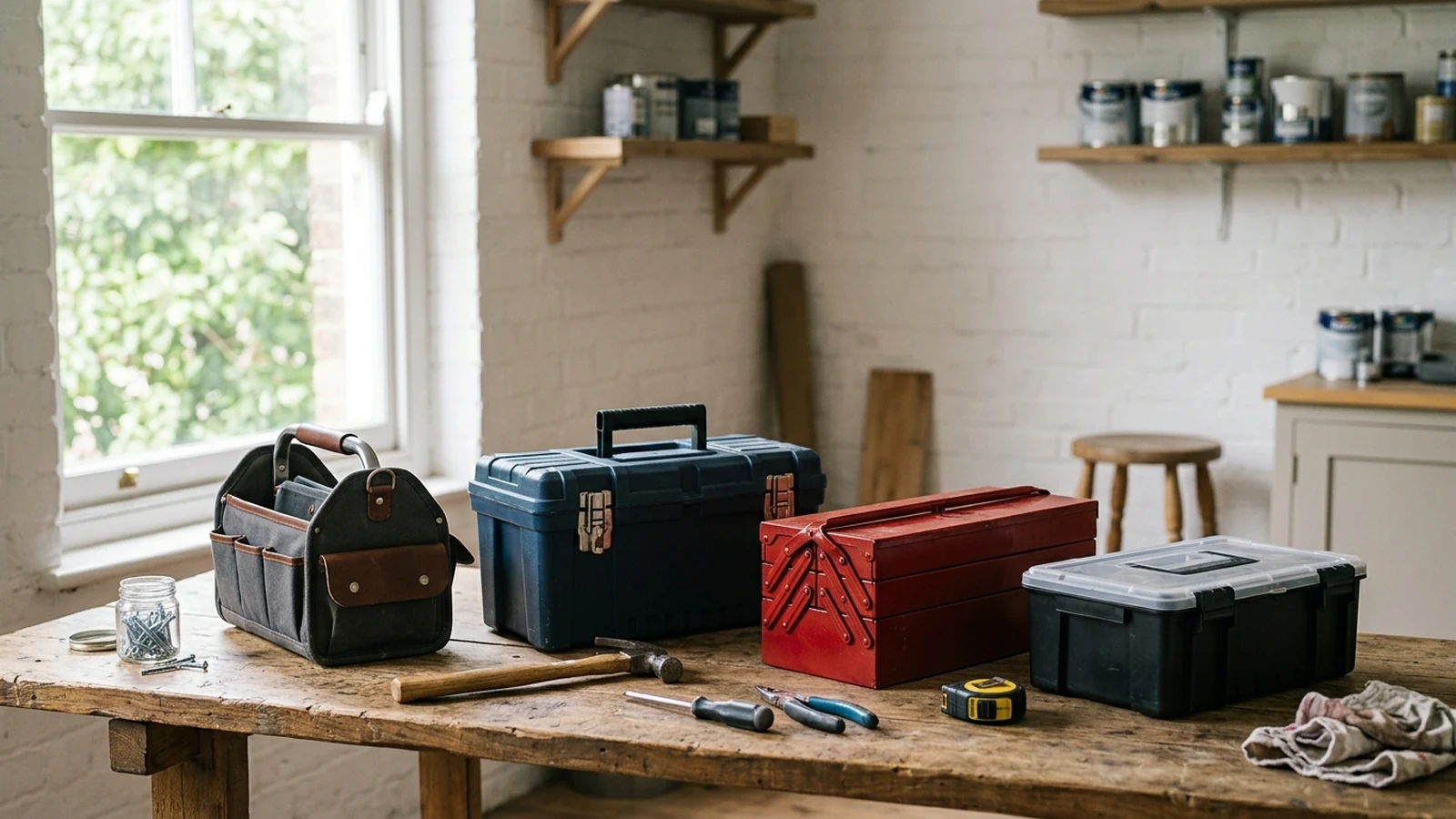 Photorealistic image of small tool boxes for a UK shortlist buying guide.