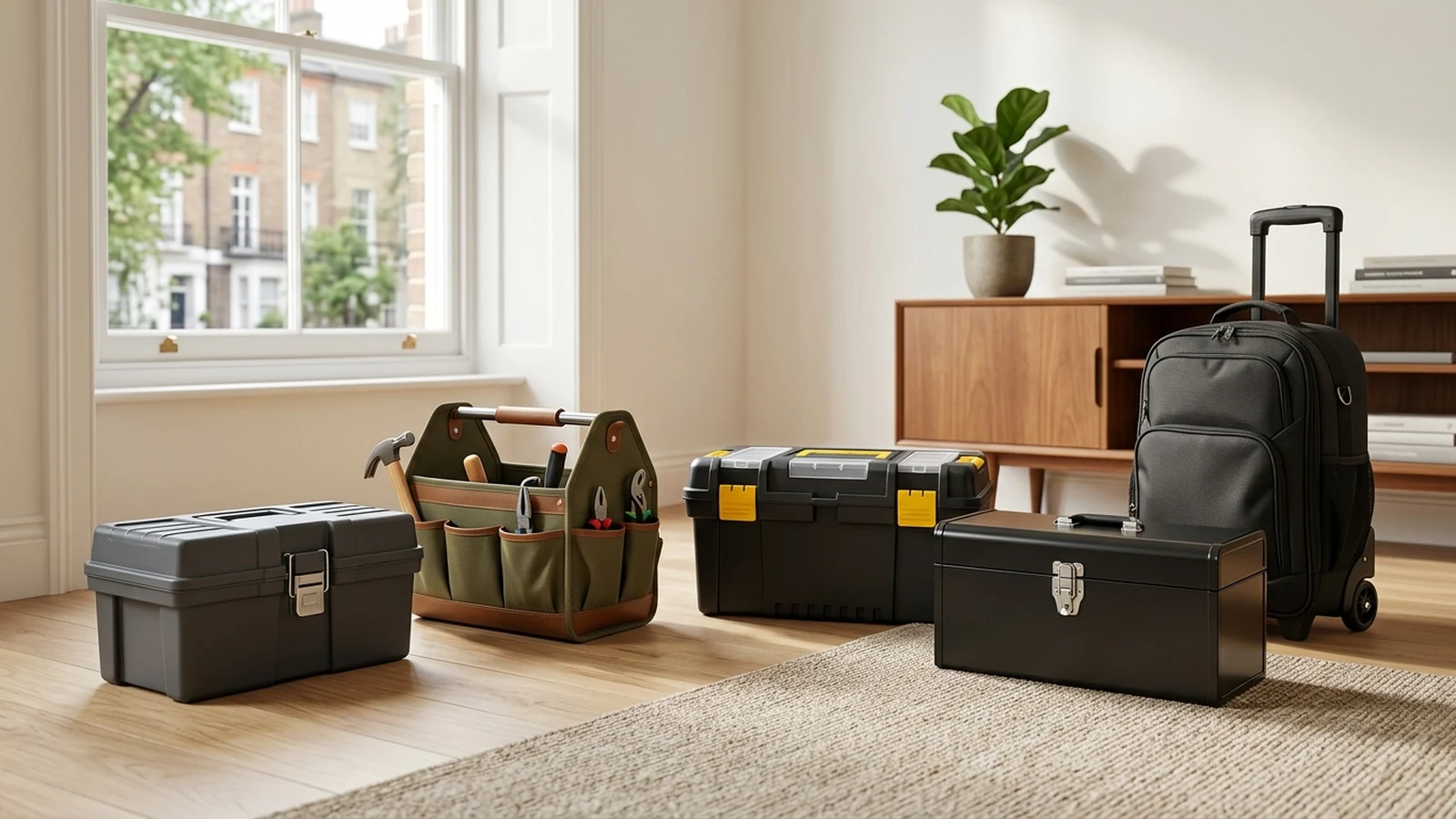 Photorealistic image of tool boxes for flats for a UK shortlist buying guide.