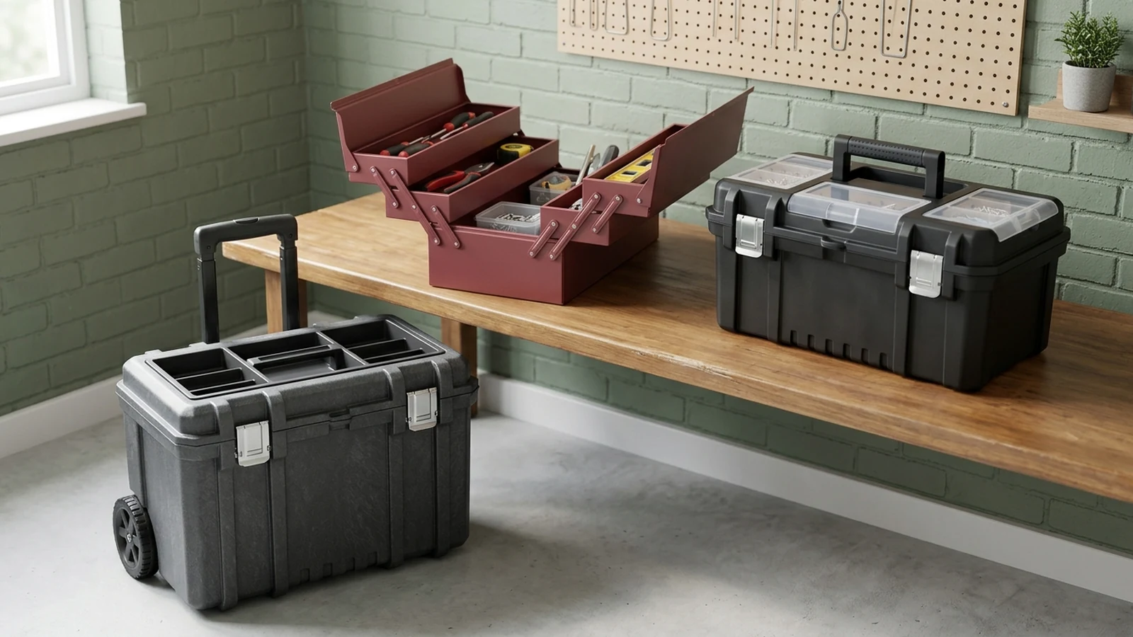 Photorealistic image of tool boxes for home diy for a UK shortlist buying guide.