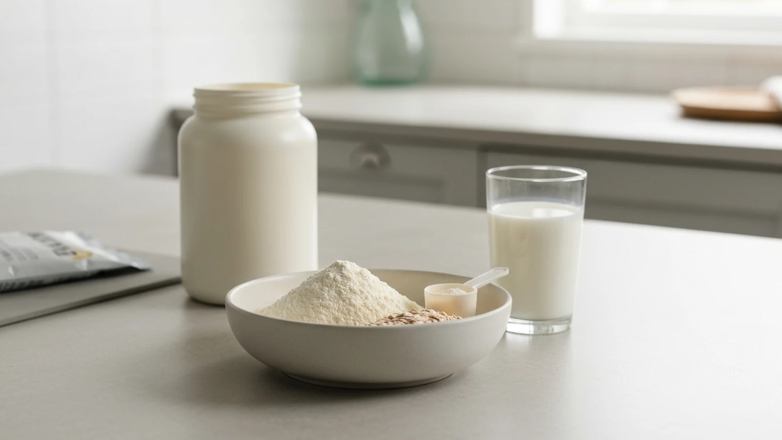 Photorealistic shortlist image for Best Casein Protein Powders in the UK (2026), showing a clean fitness-accessories buying-guide scene.
