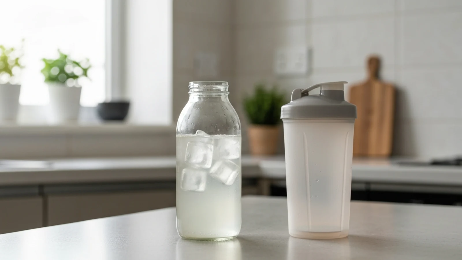 Photorealistic shortlist image for Best Clear Whey Protein Powders in the UK (2026), showing a clean fitness-accessories buying-guide scene.