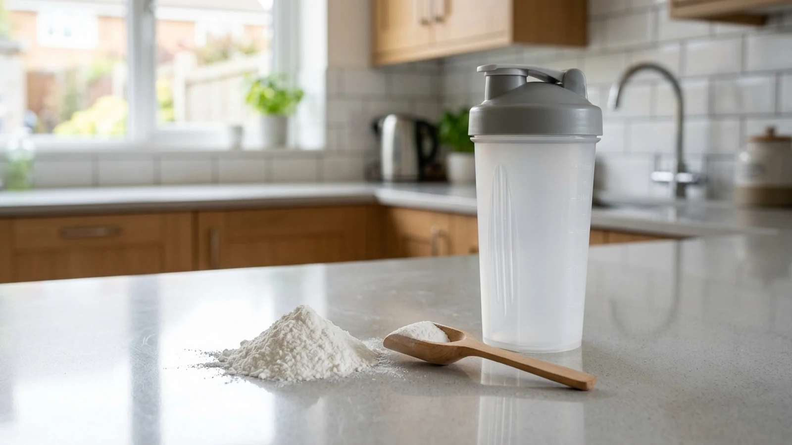 Photorealistic shortlist image for Best Creatine Monohydrate Powders in the UK (2026), showing a clean fitness-accessories buying-guide scene.
