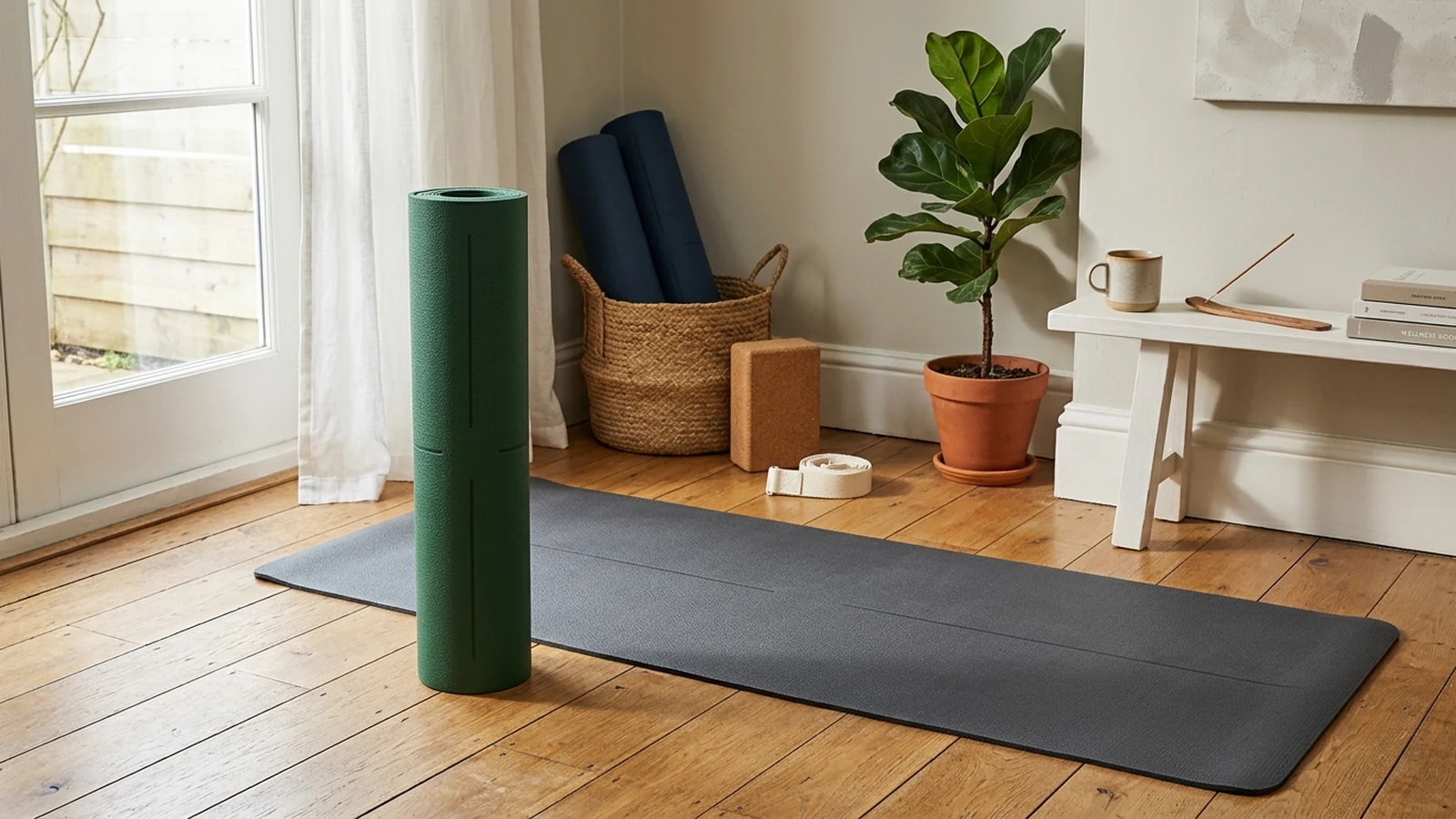 Photorealistic image of yoga mats for a UK shortlist buying guide.