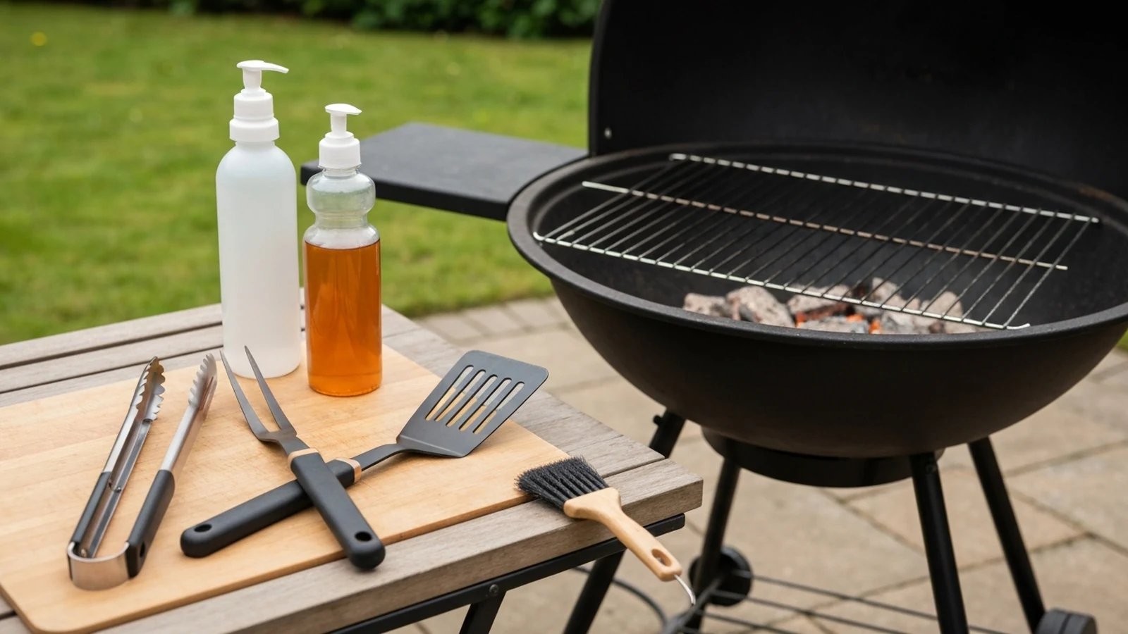 Photorealistic shortlist image for Best BBQ Tool Sets for Beginners in the UK (2026), showing a clean garden outdoor living buying-guide scene.