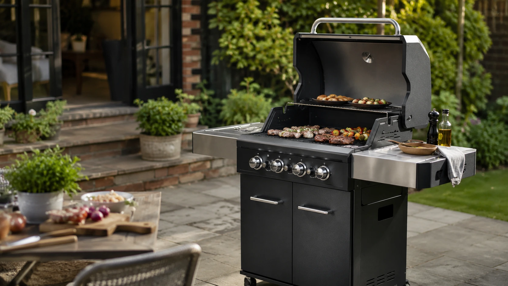 Photorealistic shortlist image for Best BBQs in the UK (2026), showing a clean garden outdoor living buying-guide scene.