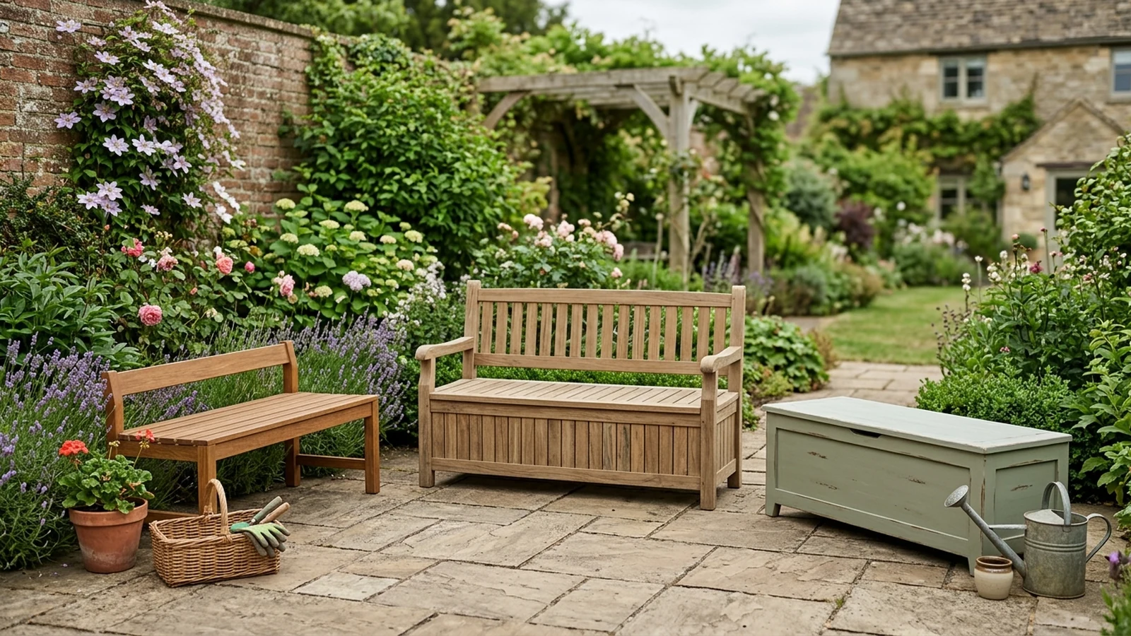 Photorealistic shortlist image for Best Garden Storage Benches in the UK (2026), showing a clean garden-outdoor-living buying-guide scene.