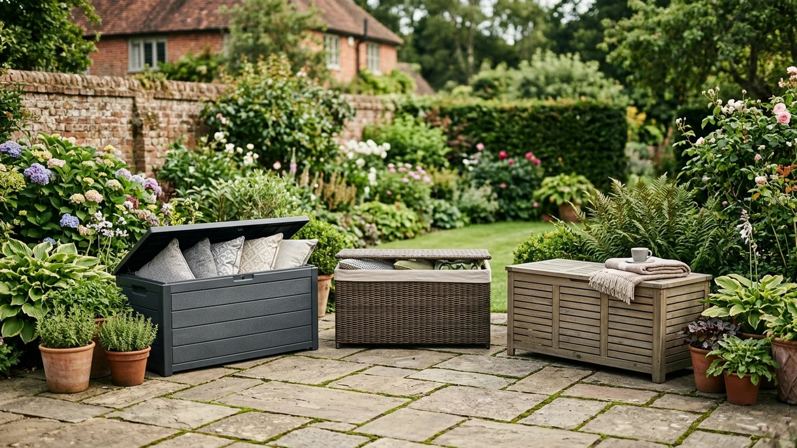 Illustrated shortlist cover for Best Garden Storage Boxes for Cushions in the UK (2026).