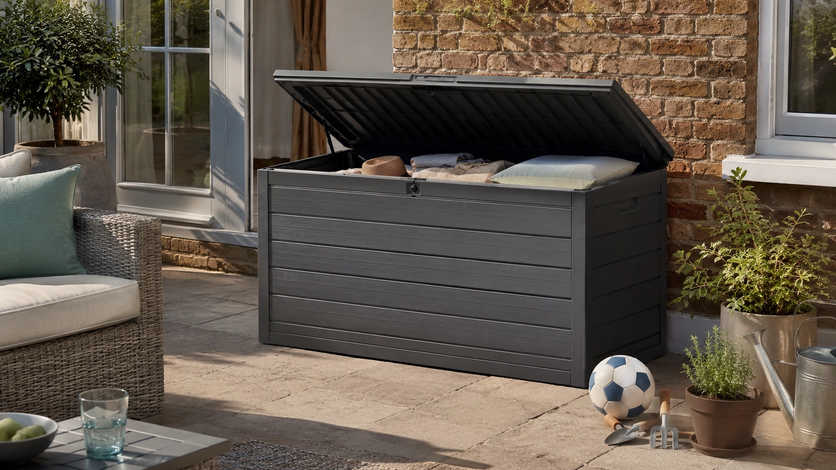 Photorealistic shortlist image for Best Garden Storage Boxes in the UK (2026), showing a clean garden outdoor living buying-guide scene.