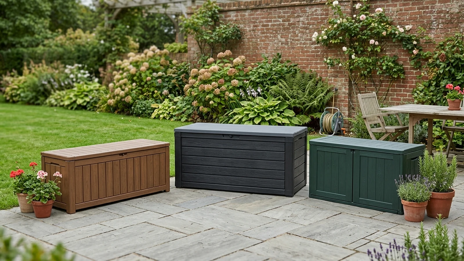 Illustrated shortlist cover for Best Large Garden Storage Boxes in the UK (2026).