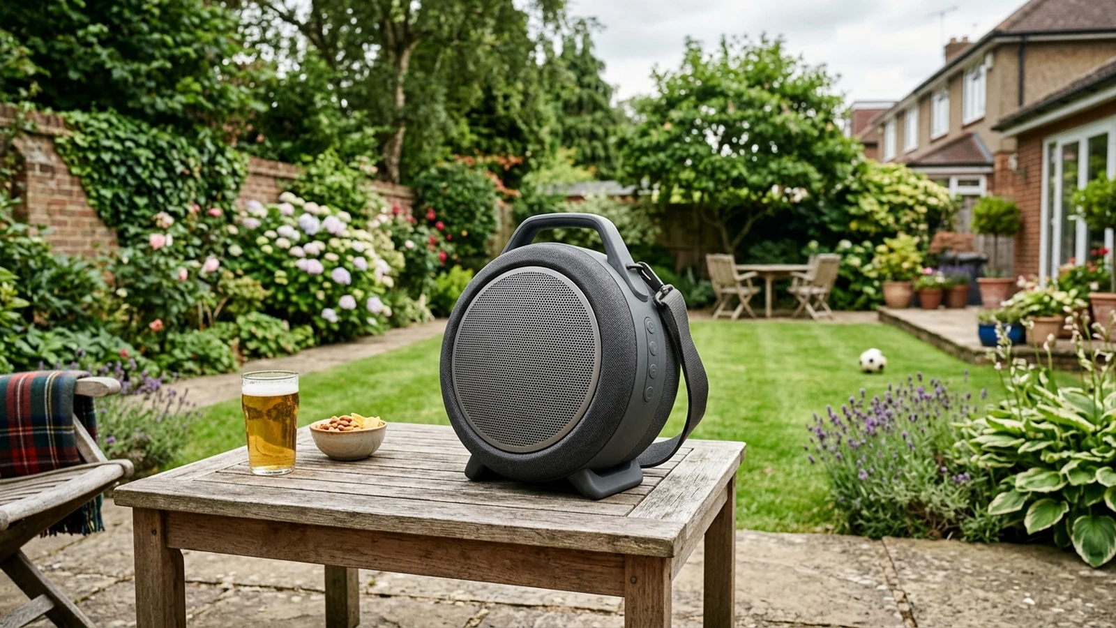 Photorealistic image of outdoor speakers for garden matchdays for a UK shortlist buying guide.