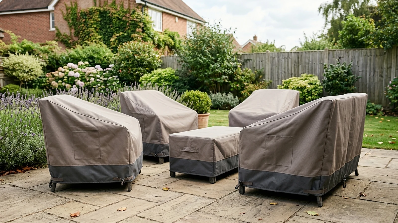 Photorealistic image of patio chair covers for a UK shortlist buying guide.