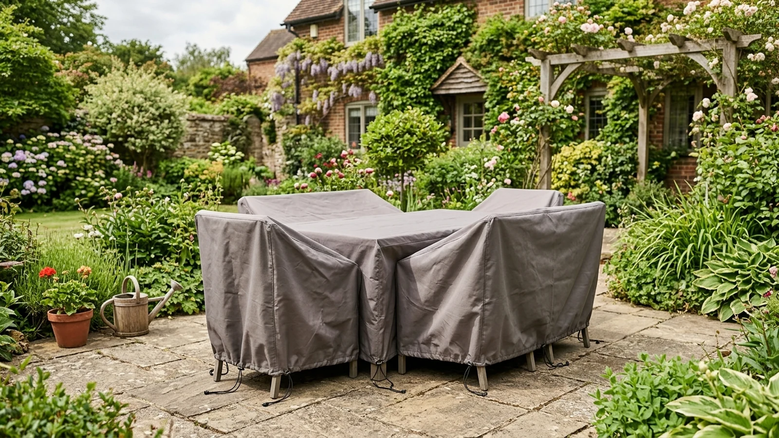 Photorealistic image of patio furniture covers for a UK shortlist buying guide.
