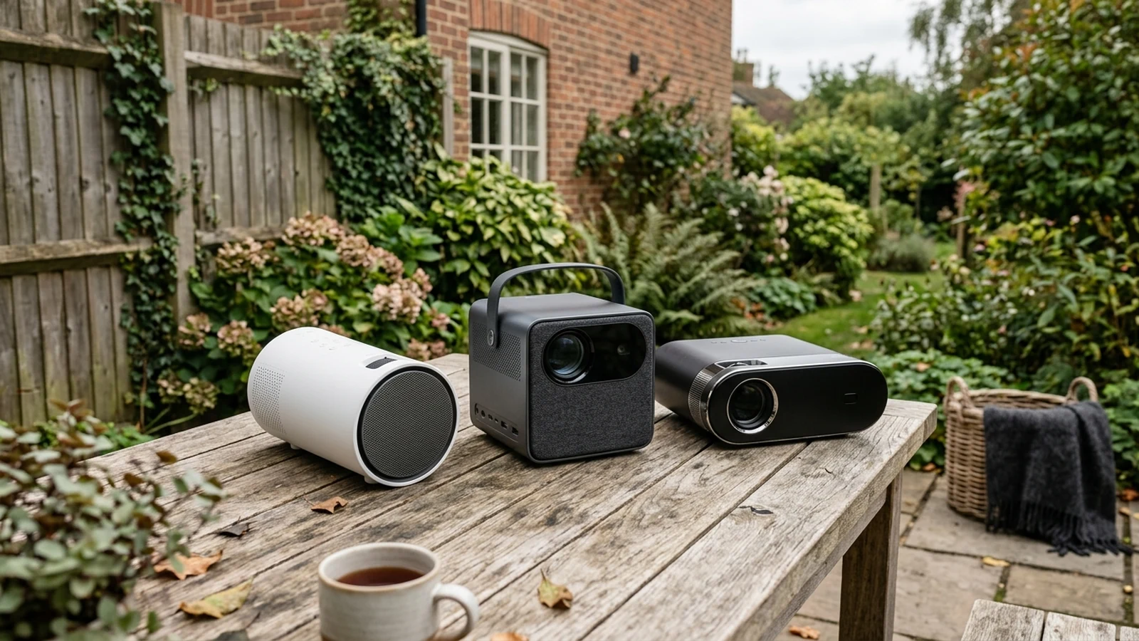 Photorealistic image of projectors for garden football nights for a UK shortlist buying guide.