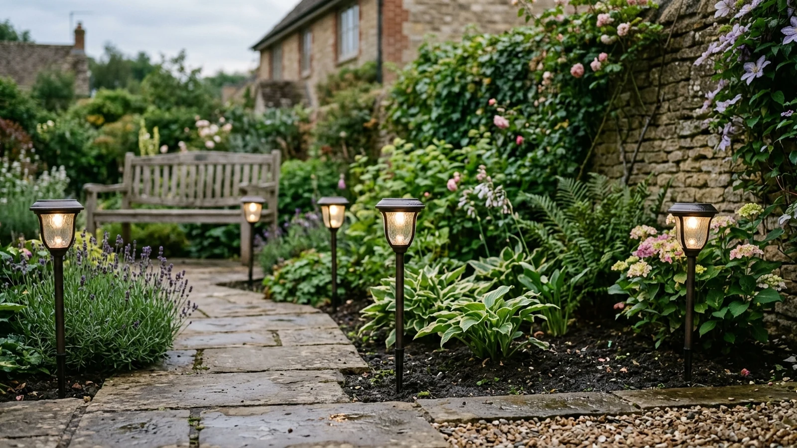Photorealistic image of solar garden lights for a UK shortlist buying guide.