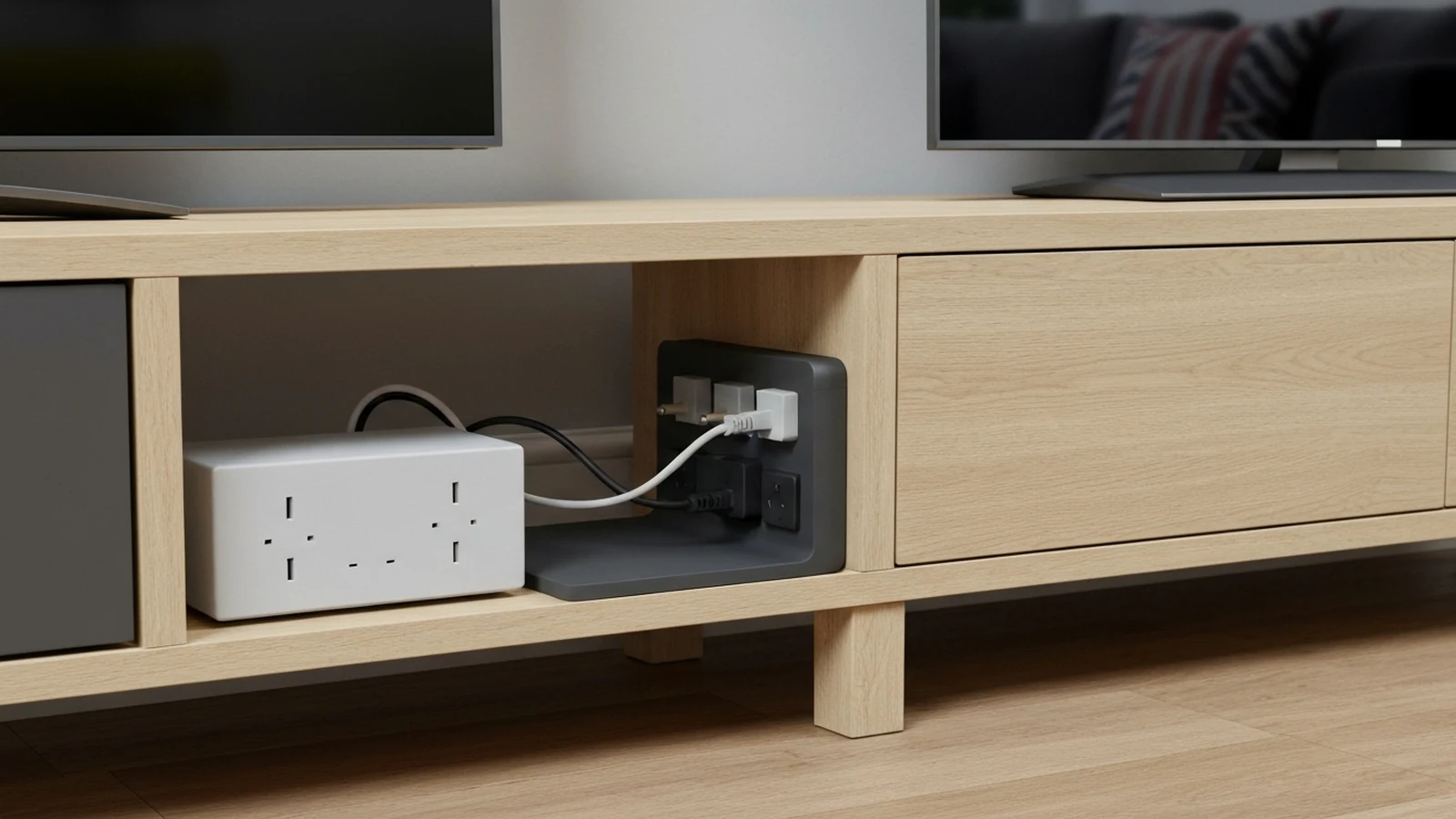 Photorealistic shortlist image for Best Cable Management Boxes for Living Rooms in the UK (2026), showing a clean home comfort buying-guide scene.