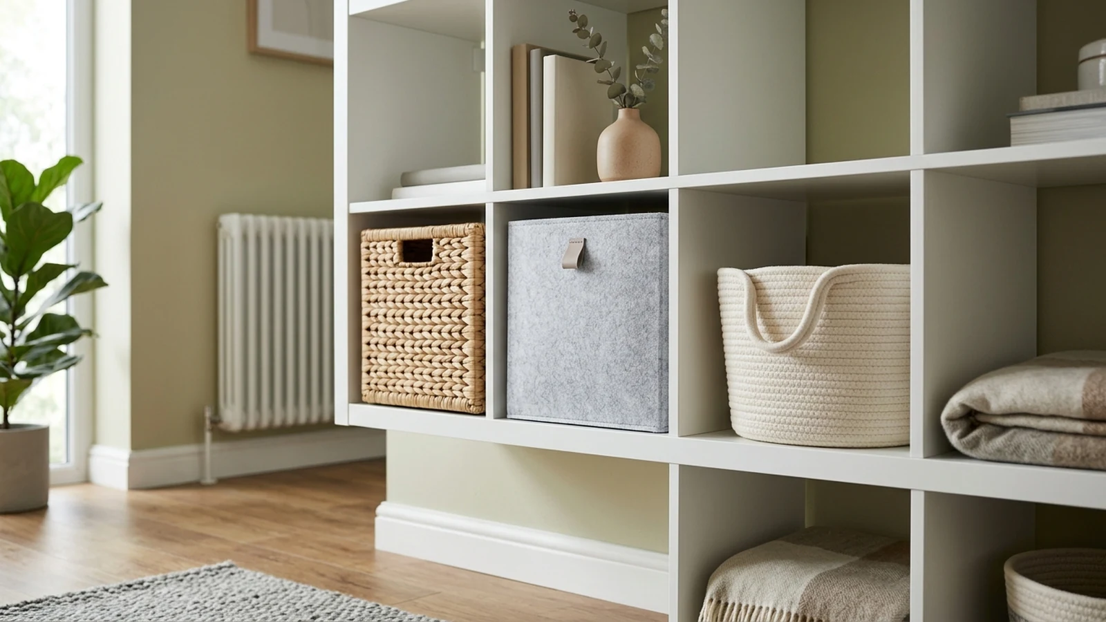 Photorealistic image of cube storage baskets for renter shelving for a UK shortlist buying guide.
