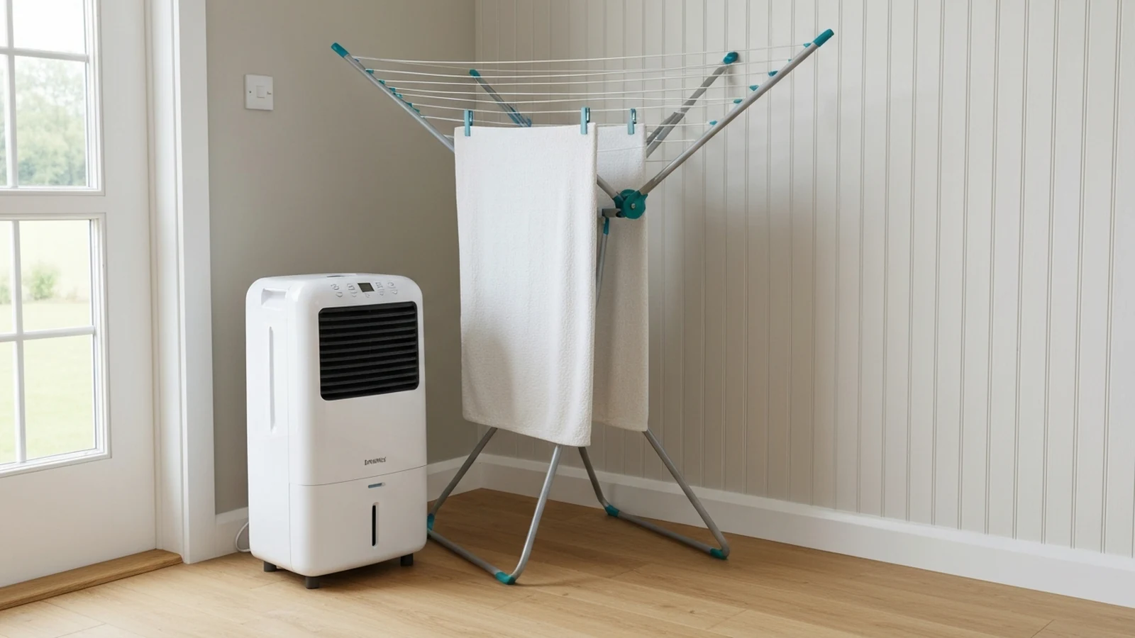 Photorealistic shortlist image for Best Dehumidifiers for Laundry Drying in the UK (2026), showing a clean home comfort buying-guide scene.
