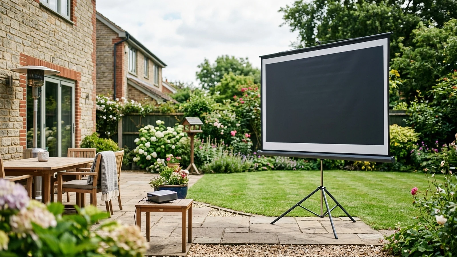 Photorealistic image of projector screens for home and garden matchdays for a UK shortlist buying guide.