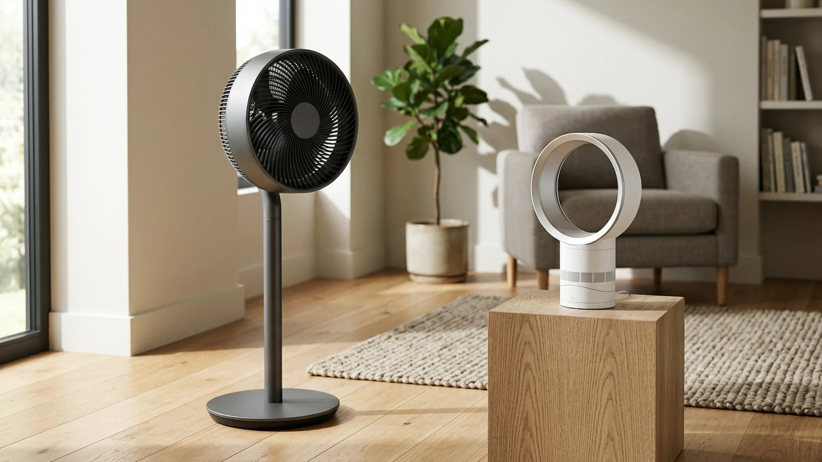 Photorealistic image of quiet fans for a UK shortlist buying guide.