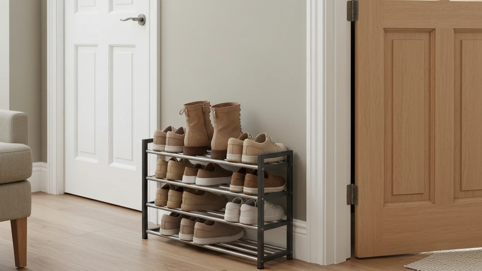 Photorealistic shortlist image for Best Shoe Racks in the UK (2026), showing a clean home comfort buying-guide scene.