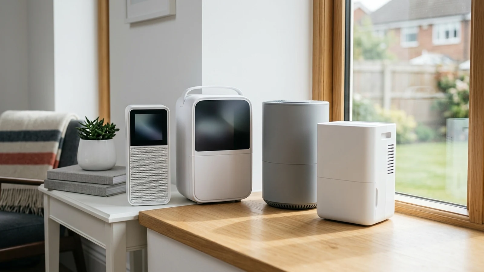 Photorealistic image of small dehumidifiers for a UK shortlist buying guide.