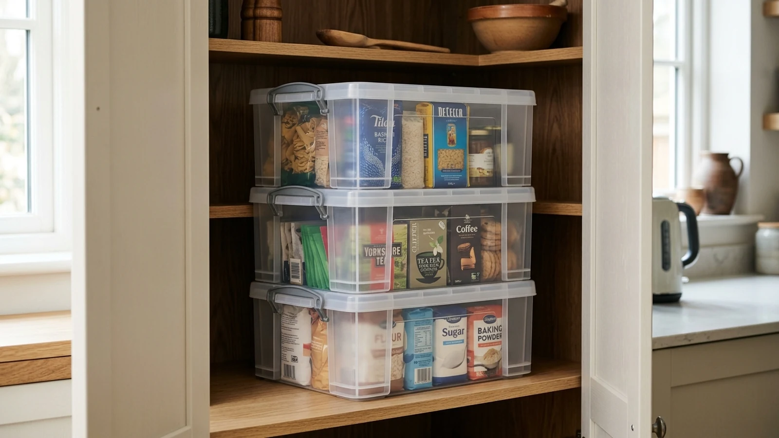 Illustrated shortlist cover for Best Stackable Storage Boxes for Cupboards in the UK (2026).