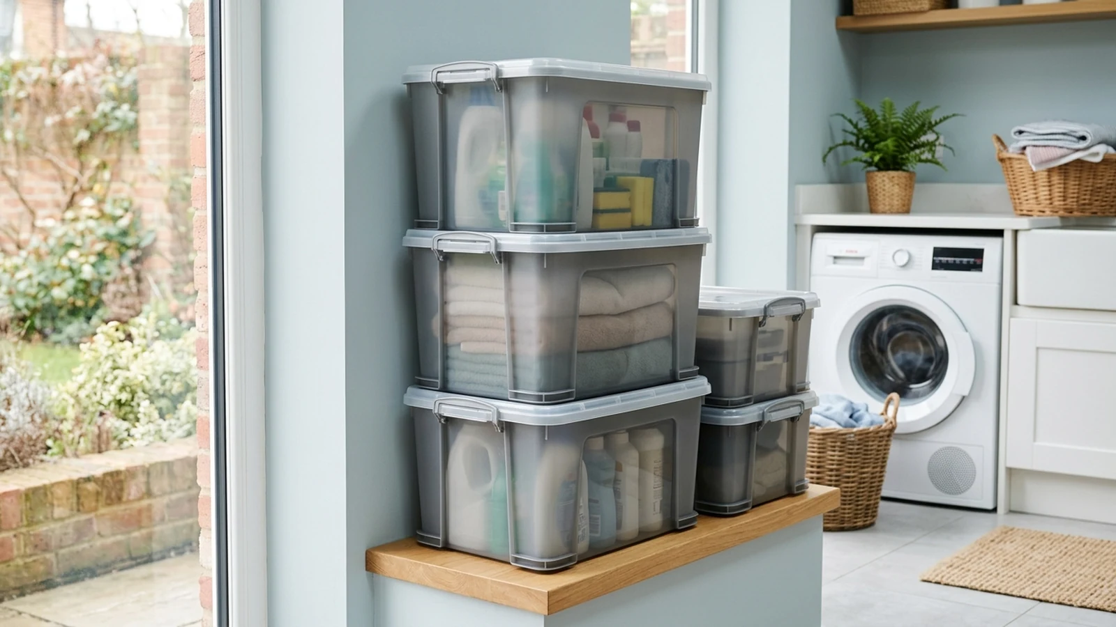 Illustrated shortlist cover for Best Stackable Storage Boxes for Utility Rooms in the UK (2026).