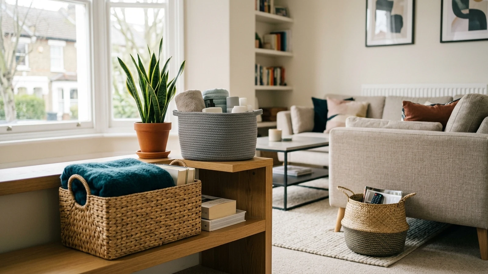 Photorealistic image of storage baskets for rented flats for a UK shortlist buying guide.