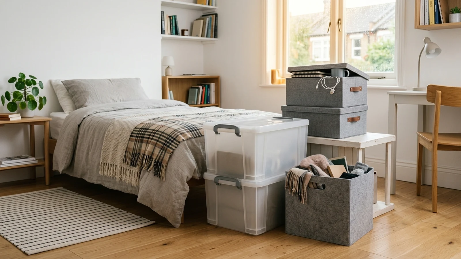 Illustrated shortlist cover for Best Storage Boxes for Student Rooms in the UK (2026).