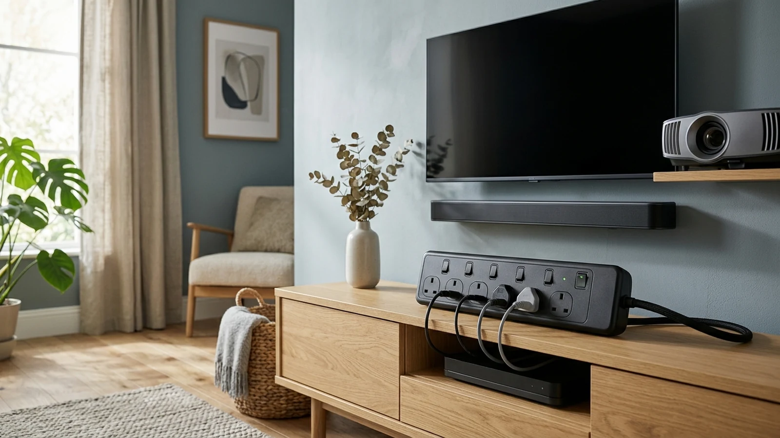 Photorealistic image of surge-protected power strips for tv and projector setups for a UK shortlist buying guide.