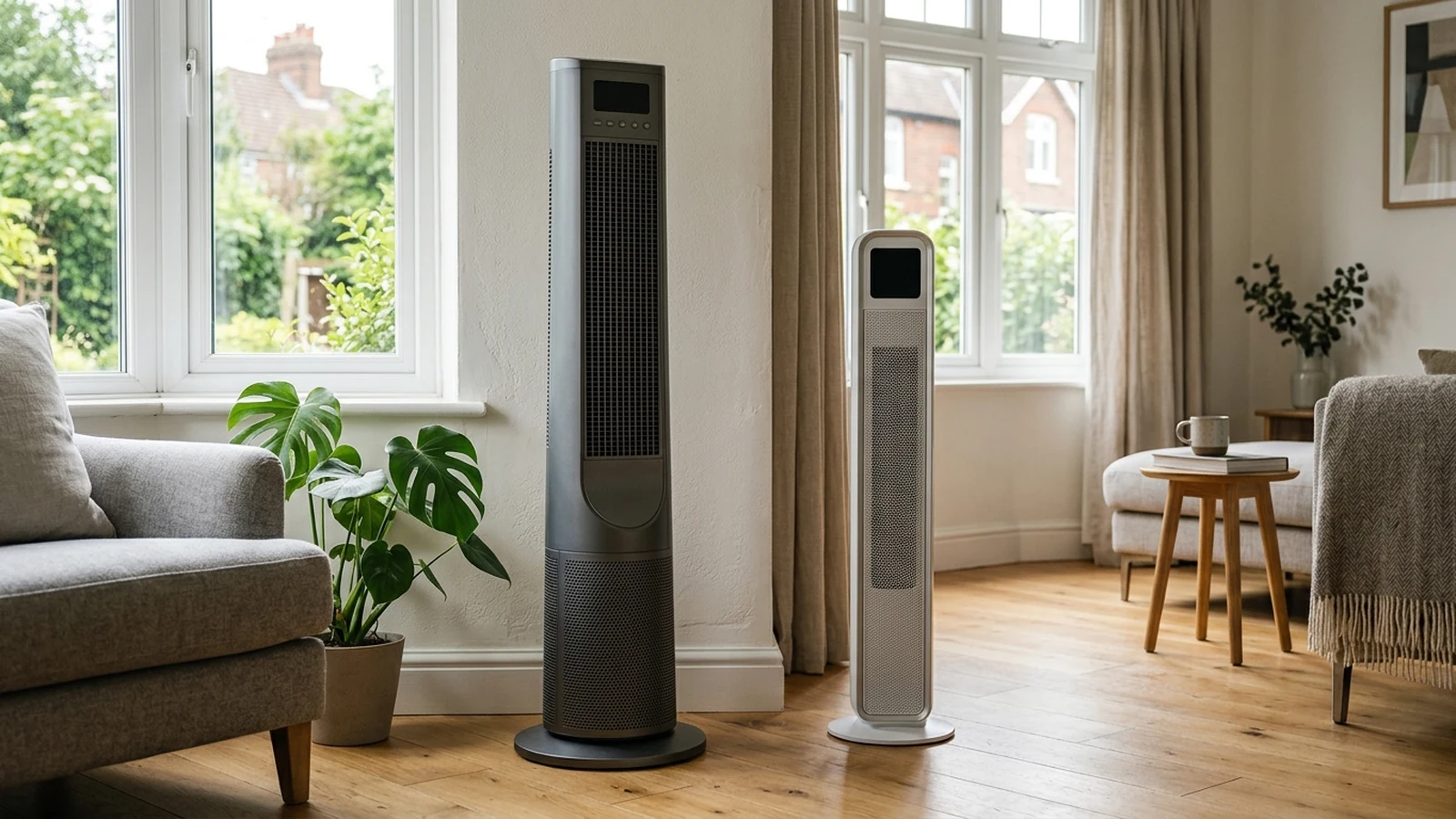 Photorealistic image of tower fans for a UK shortlist buying guide.