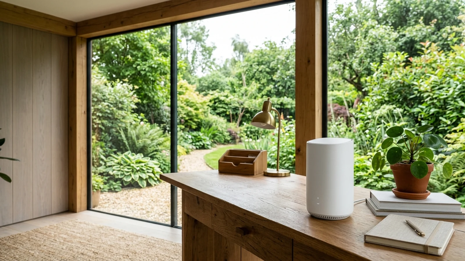 Photorealistic shortlist image for Best Mesh Wi-Fi for Garden Offices in the UK (2026), showing a clean home-networking-wifi buying-guide scene.