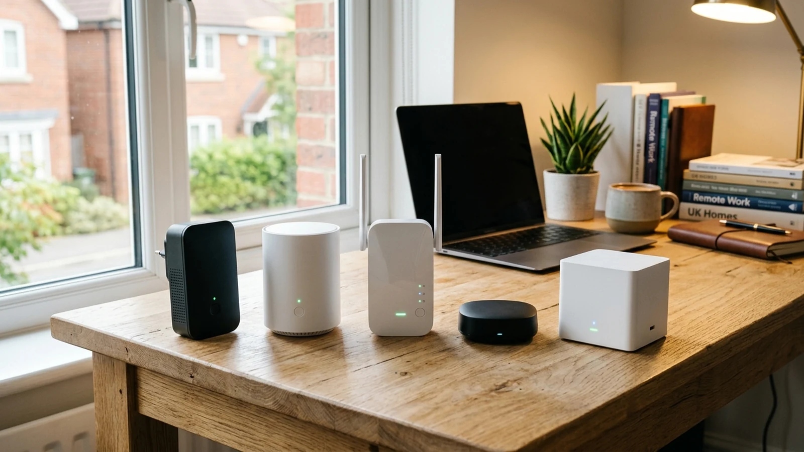Photorealistic image of wi-fi extenders for home offices for a UK shortlist buying guide.