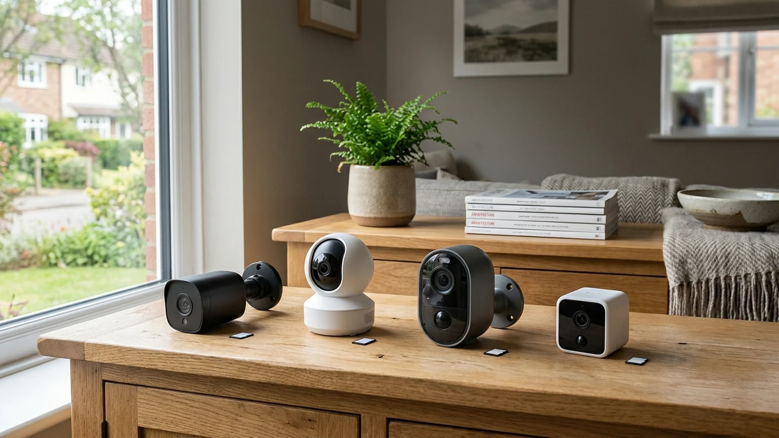 Photorealistic shortlist image for Best Home Security Cameras with Local Storage in the UK (2026), showing a clean home-security buying-guide scene.