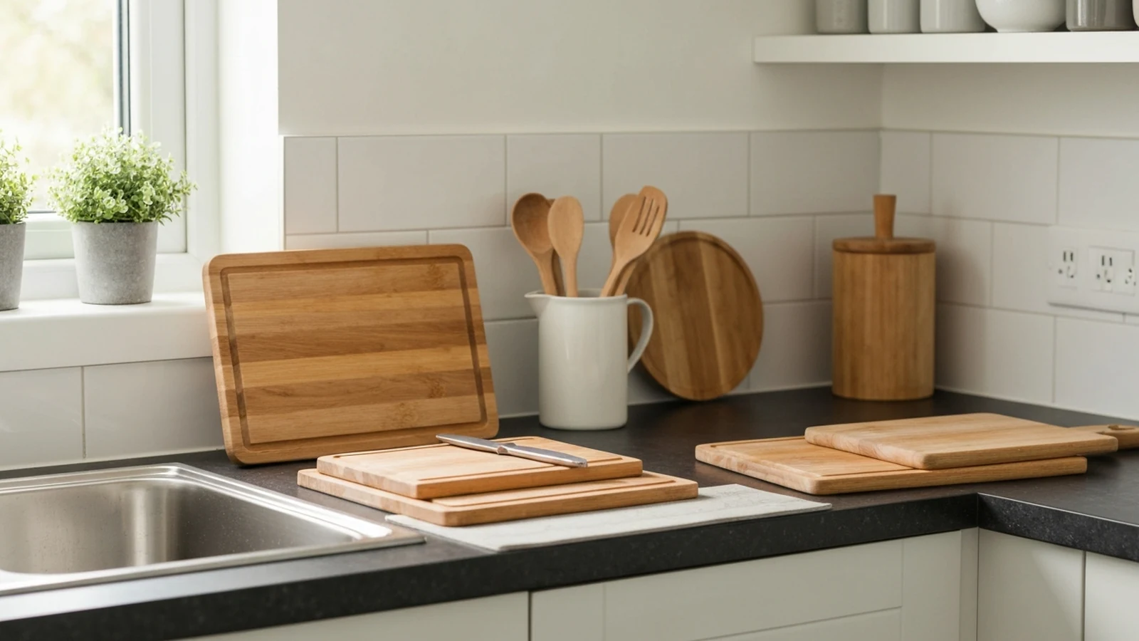 Photorealistic shortlist image for Best Chopping Board Sets in the UK (2026), showing a clean kitchen essentials buying-guide scene.