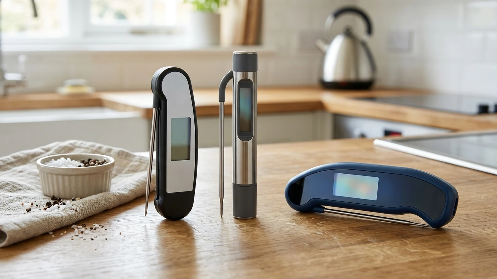Photorealistic image of digital cooking thermometers for weeknight meals for a UK shortlist buying guide.