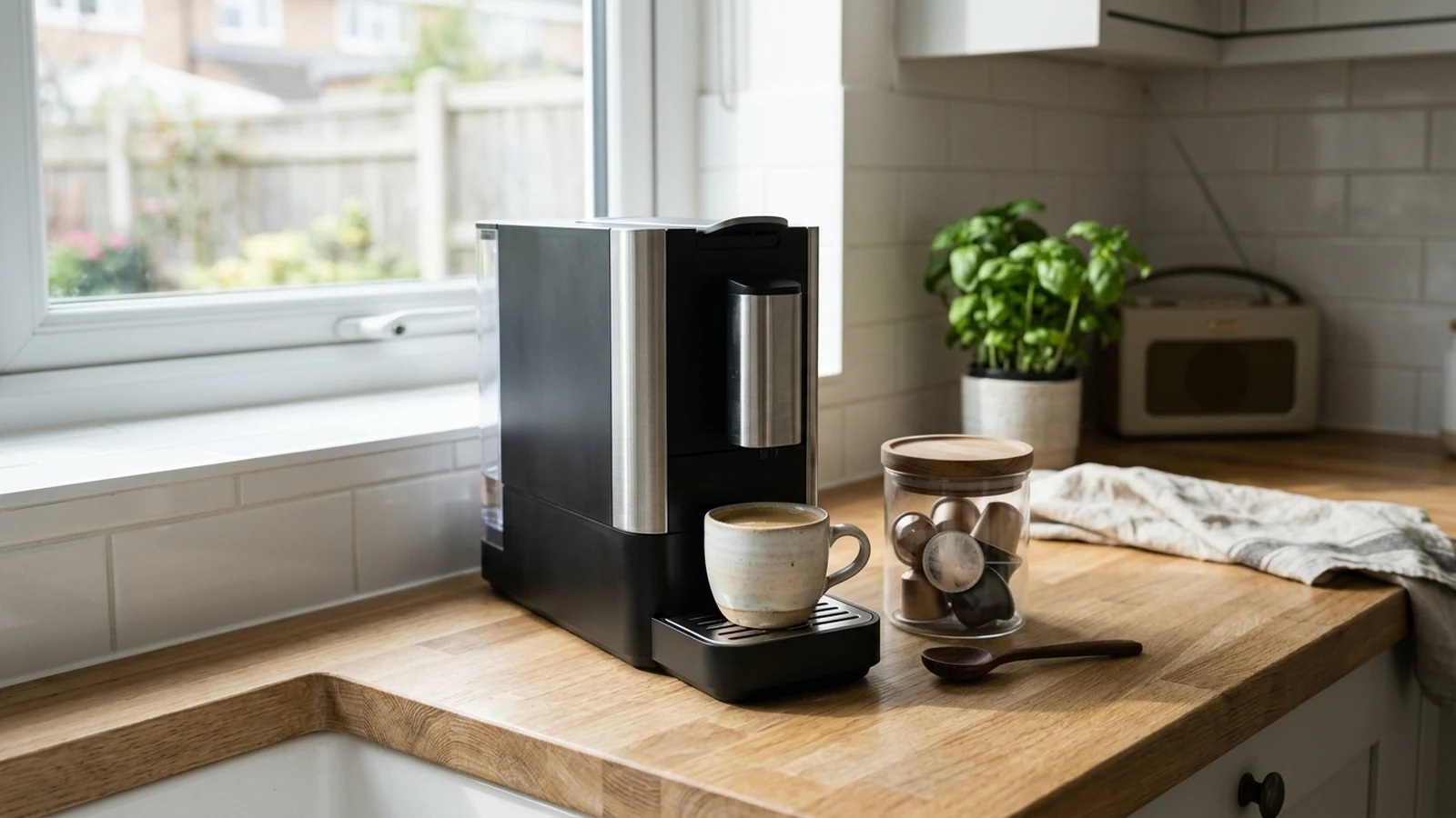 Photorealistic image of pod coffee machines for small kitchens for a UK shortlist buying guide.