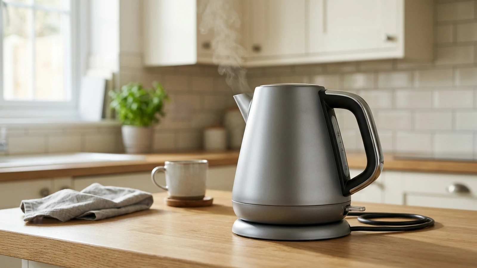 Photorealistic image of quiet boil kettles for a UK shortlist buying guide.