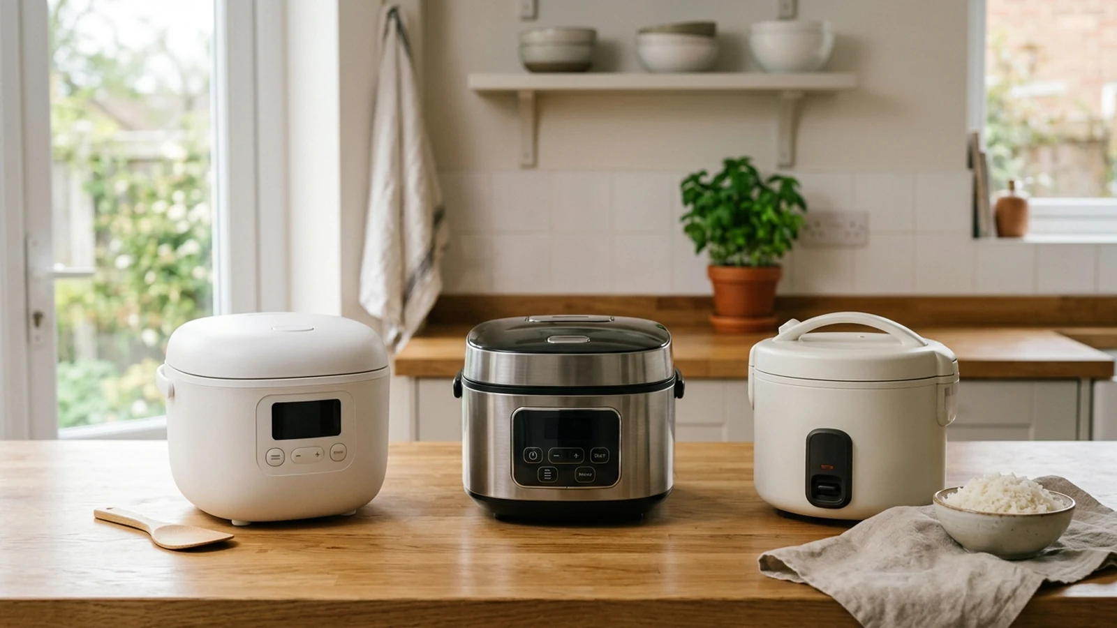 Photorealistic image of rice cookers for small households for a UK shortlist buying guide.