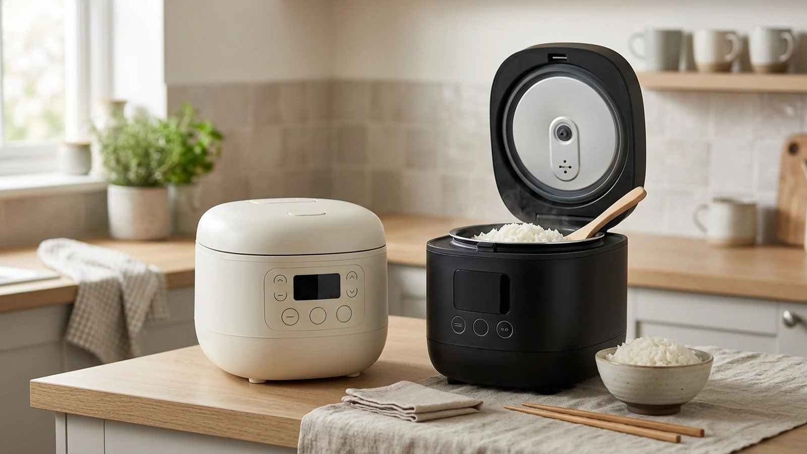 Photorealistic image of rice cookers for small kitchens for a UK shortlist buying guide.