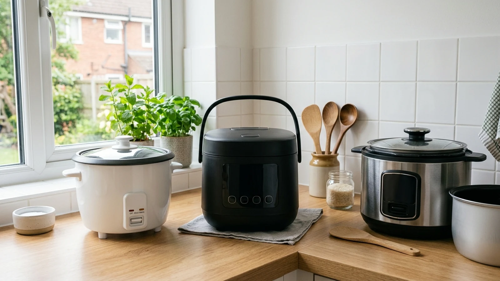 Photorealistic image of rice cookers under £100 for a UK shortlist buying guide.