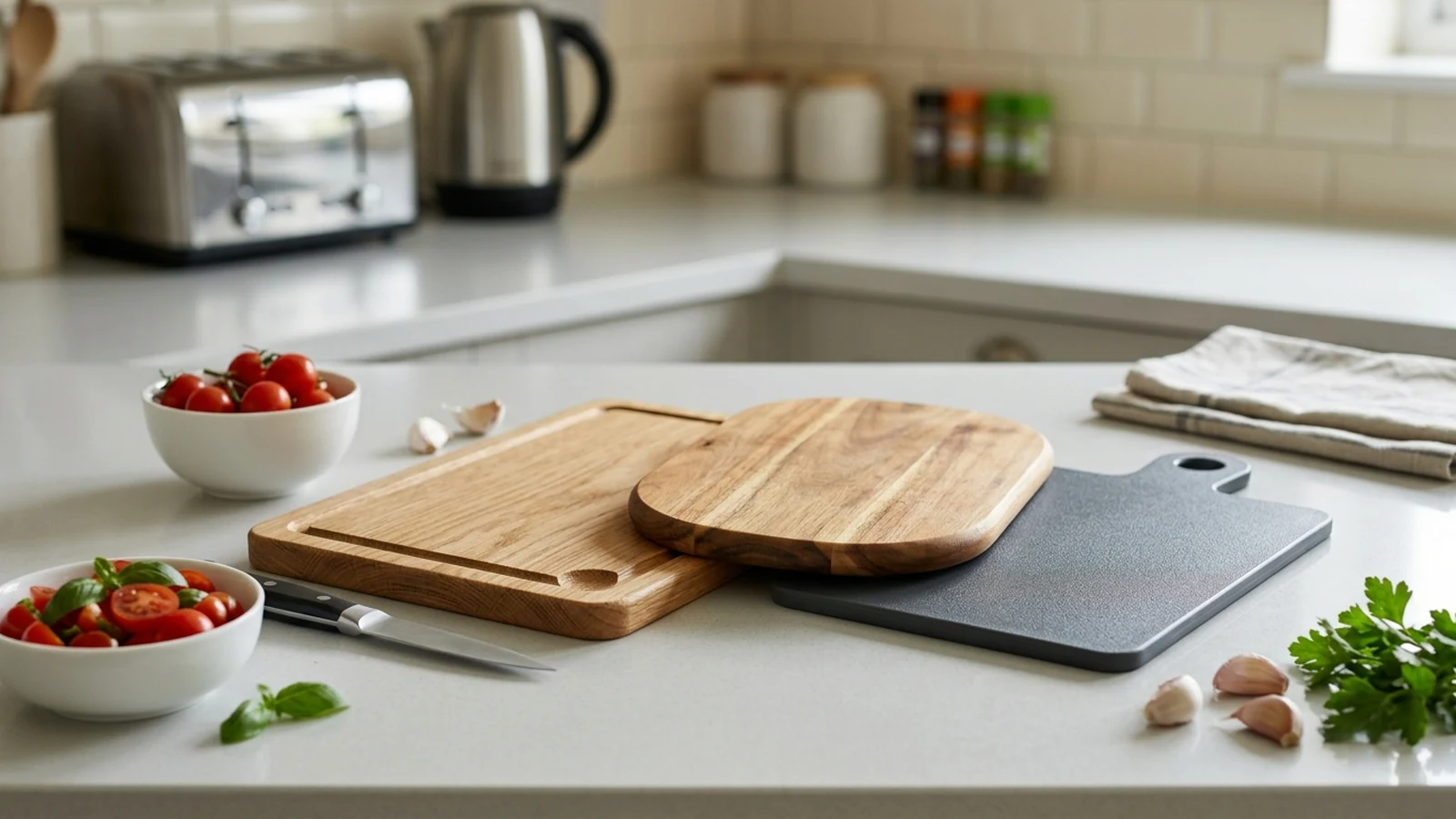 Photorealistic image of small chopping boards for quick prep for a UK shortlist buying guide.