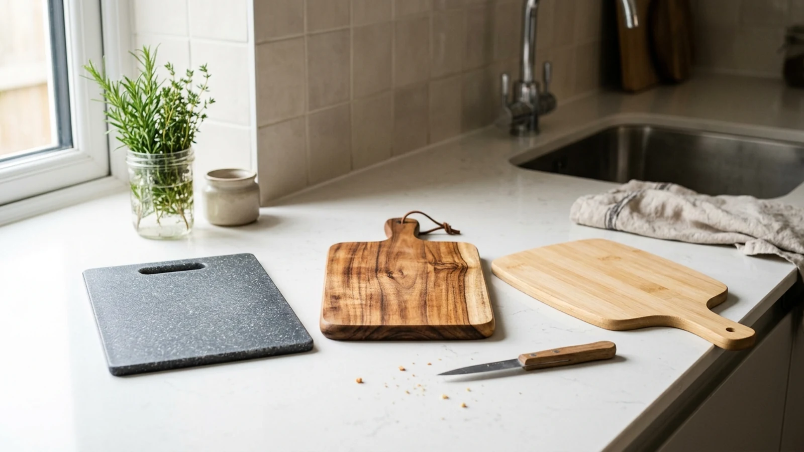 Photorealistic image of small chopping boards for renter kitchenettes for a UK shortlist buying guide.